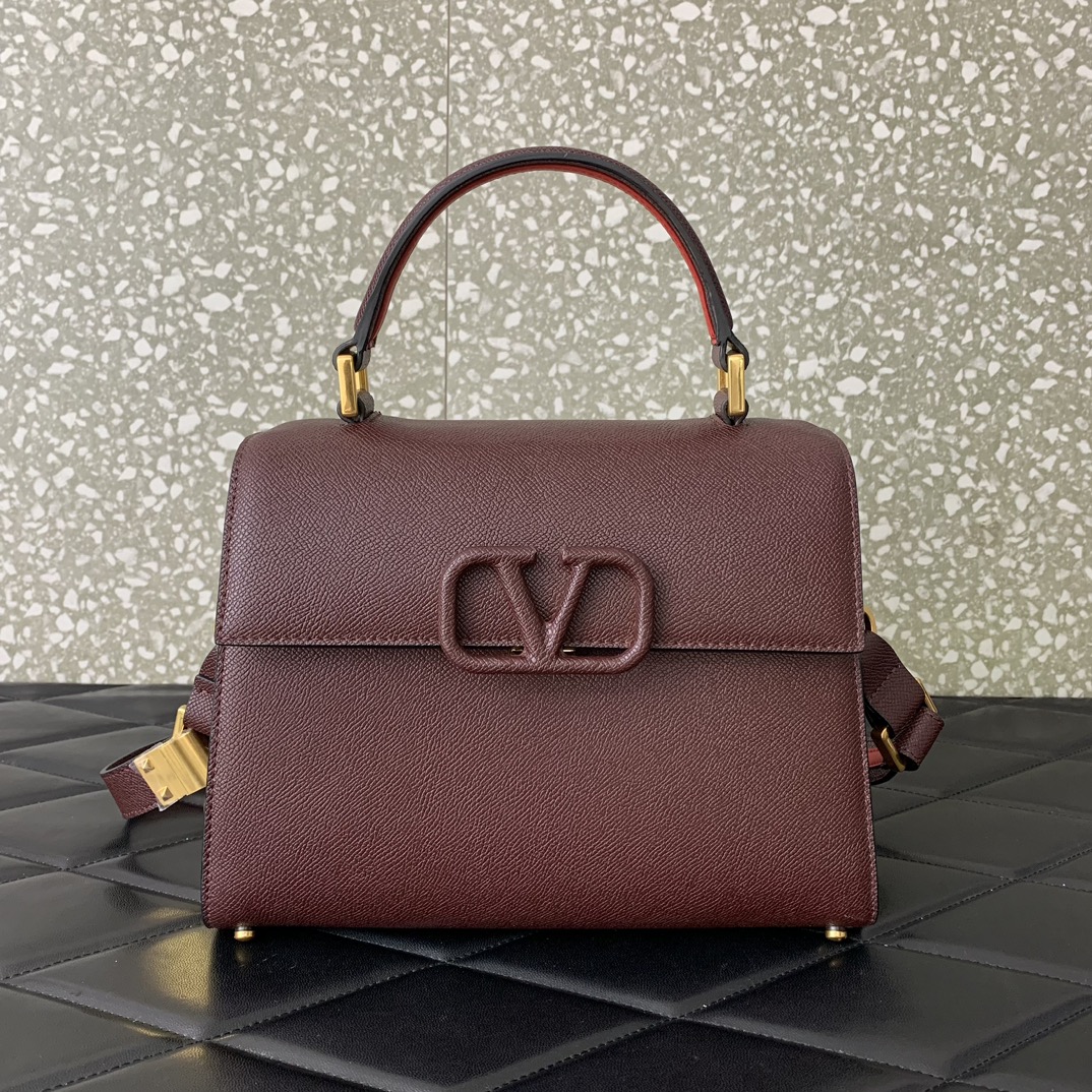 Valentino Garavani Vsling Medium Handbag in Burgundy Grainy Calfskin 